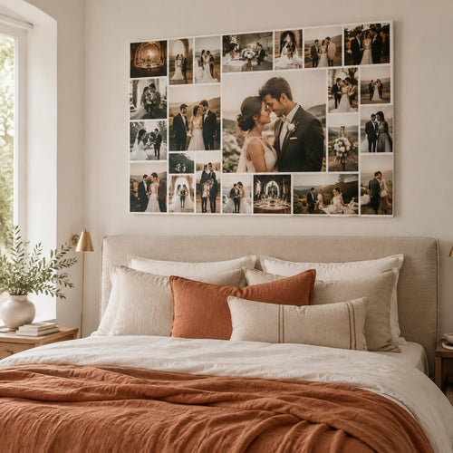 CollageGo wedding mosaic collage on canvas above a bed